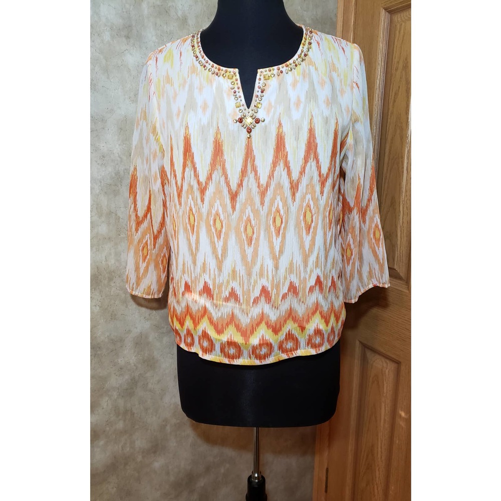Alfred Dunner size 10 P long sleeve orange & yellow blouse